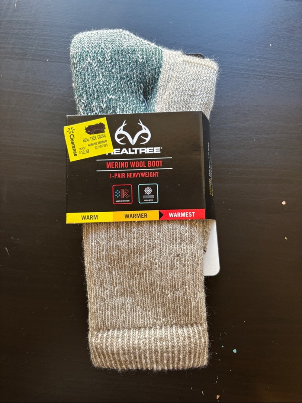 RealTree Merino Wool Heavyweight Boot Sock Pair, size Medium, Made In USA